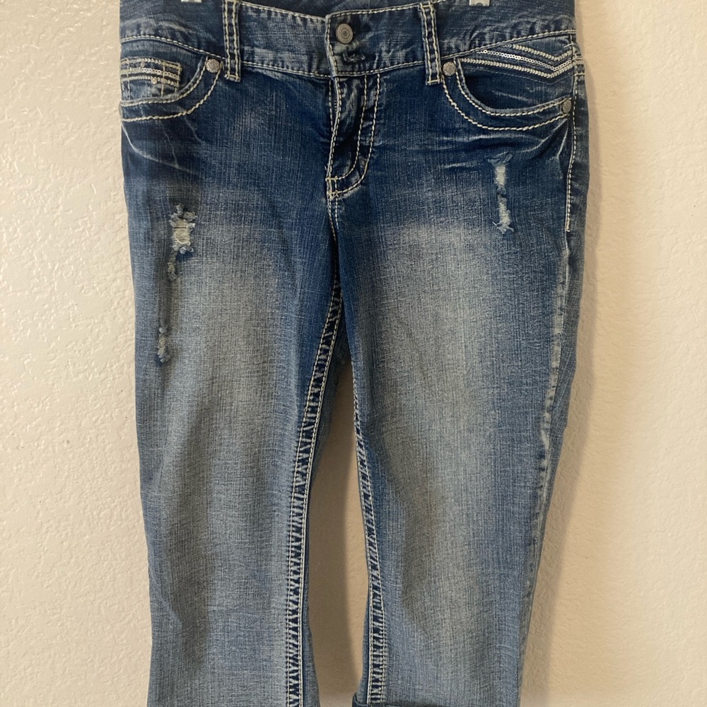 Maurices Blue Ankle Cropped Jeans with Distressed Details